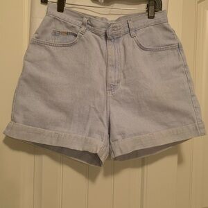 Blue Jean Shorts with High Waist and Cuffed Hem.